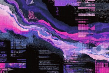 Abstract digital art with vibrant pinks and purples, digital glitch effects, and subtle data streams