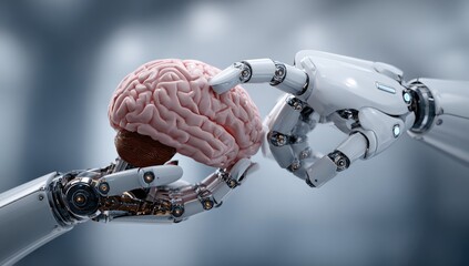 Robot hands gently hold and touch a human brain, symbolizing AI and consciousness