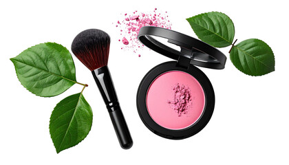 Cosmetic brush, blush compact with scattered pigment, and green leaves