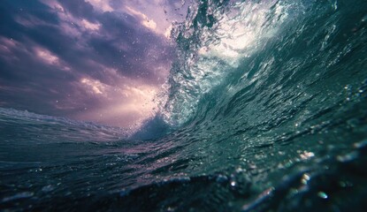 Dramatic ocean wave crests under a moody, colorful sky