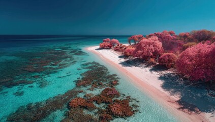 Vibrant island paradise with coral reefs and pink foliage