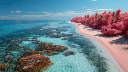 Surreal, vibrant tropical coastline with pink foliage and crystal-clear turquoise waters