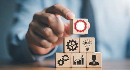 Strategic Business Planning and Goal Setting A Conceptual Image of Wooden Blocks Representing Business Strategy, Development, and Achieving Objectives with Precision