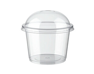 A transparent plastic dessert cup with a dome lid on a black background