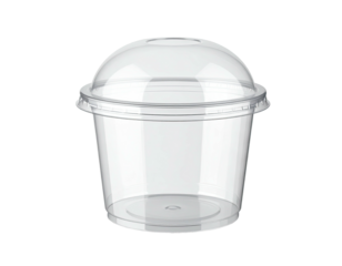 A transparent plastic dessert cup with a dome lid on a black background