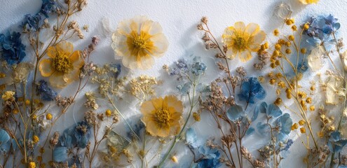 Delicate pressed flowers in blue, yellow and beige on a white background