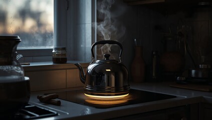 Tea kettle with rising steam