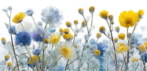 Delicate wildflowers in soft blue and vibrant yellow hues, backlit