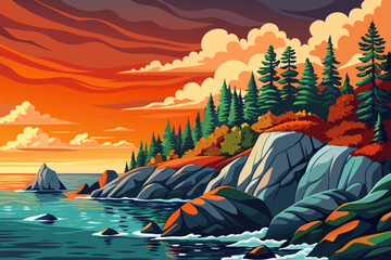 cold northern coastline features pine trees near the sea, combining evergreen vegetation with rocky shores and deep ocean tones
