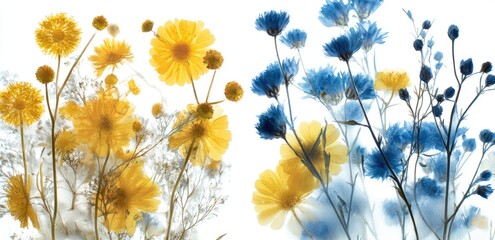 Delicate yellow and blue wildflowers in artistic floral composition
