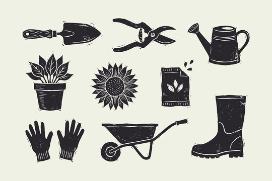Vintage Woodcut Gardening Tools Set: Linocut Icons of Farming Equipment and Plants