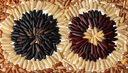Assorted rice grains forming two flower-like patterns in a rectangular frame