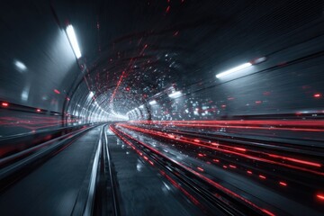 Futuristic tunnel with streaking red lights and motion blur