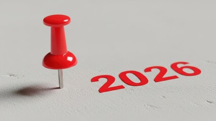 Red Pushpin Placed on a Textured Surface Next to 3D Year 2026 Numbers
