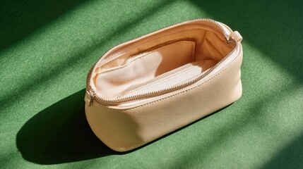 Open, beige, zippered pouch on green surface, dappled sunlight