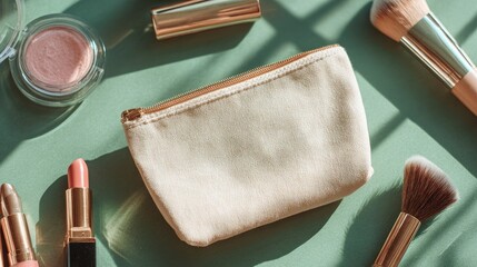 Makeup bag and cosmetics in warm light on a light green surface