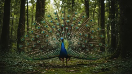 Obraz premium Stunning Close-Up of a Peacock Displaying Its Magnificent Feather Train in the Middle of a Deep Green Forest