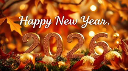 Happy New Year 2026 celebration with golden decorations and lights
