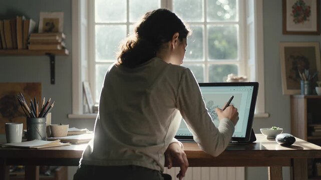 Female freelancer artist designer sitting at desk back to camera drawing on tablet