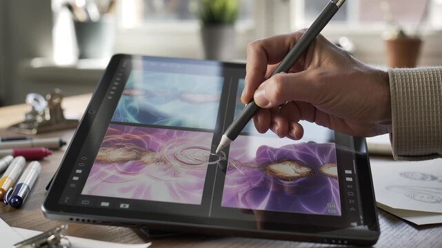 Artist designer hand drawing sketches on tablet - concept of web design, creativity, hobby