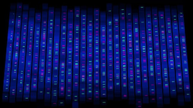 Blue scrolling DNA bar coding number sequence with digital data tech pattern
