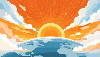 A vibrant sunrise over a stylized planet, with radiant rays of light piercing through clouds