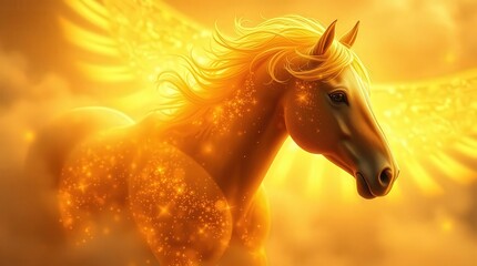 Golden Pegasus horse with wings in ethereal light