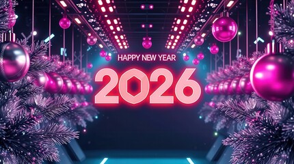 Vibrant New Year's Eve celebration with pink Christmas tree and neon lights