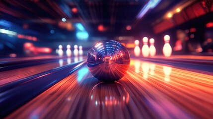 A fast red bowling ball speeds toward pins in an urban club with motion blur and abstract city light trails creating a sense of night traffic and street transportation
