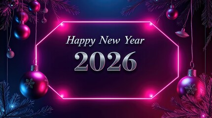 Vibrant Happy New Year 2026 neon sign with Christmas ornaments