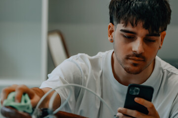 young man cleaning or preparing vintage bicycle looking at mobile phone or app