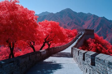 Infrared view of an ancient stone wall winding through vibrant red foliage under mountains