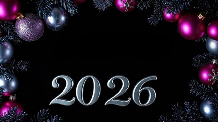 Glowing silver 2026 surrounded by vibrant purple and pink Christmas ornaments