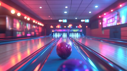 A fast bowling ball in motion with a blur streaks through a neon night bowling alley like a speeding metro train rushing through an underground urban station