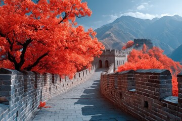 Ancient stone fortification winds through vibrant crimson foliage and rugged mountains