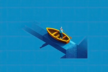 Person rowing a boat on a blue arrow, symbolizing direction and progress