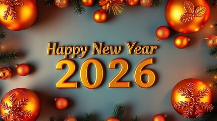 Happy New Year 2026 celebration with gold ornaments and pine branches