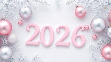 Pink and silver Christmas ornaments with 2026 text on white background