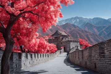 Ancient stone wall pathway winds through vibrant pink foliage toward mountainous horizon