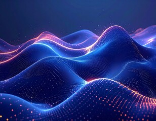 Digital wave illustration with neon blue and orange particles, ethereal