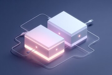 Two glowing, futuristic boxes are interconnected by wires