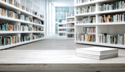 Book stack on table, bright library, many shelves, blurred background
