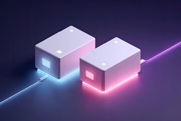Two futuristic cubes connected by glowing wires on a dark background