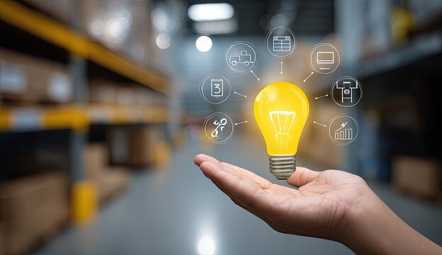 Hand holding bright idea lightbulb with digital icons over blurred warehouse - Powered by Adobe