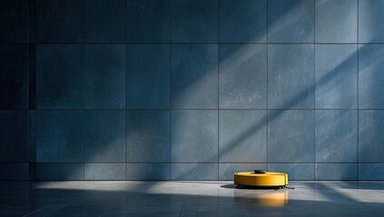 A yellow robotic vacuum cleaner is cleaning a tiled floor in a modern, sunlit room