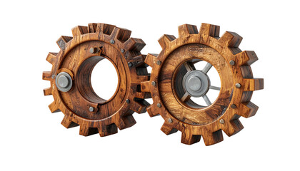Two wooden gears interlocked on a black background