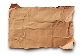Fototapeta premium A crumpled piece of brown paper with torn edges, isolated on a white background. This is a close-up shot of a single sheet of wrinkled brown paper, showcasing its texture and rough, torn edges.