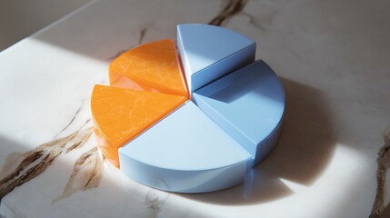 Clean and vibrant pie chart with glowing orange and pastel blue segments on light marble surface, showing data distribution clearly.