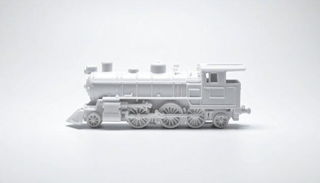 Monochrome Steam Engine Model on White Background.
