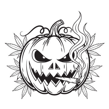Halloweenthemed Jackolantern with a mischievous face and a smoking cigarette on transparent background